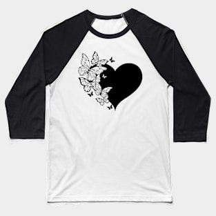 Black Heart with Contour Butterflies Baseball T-Shirt